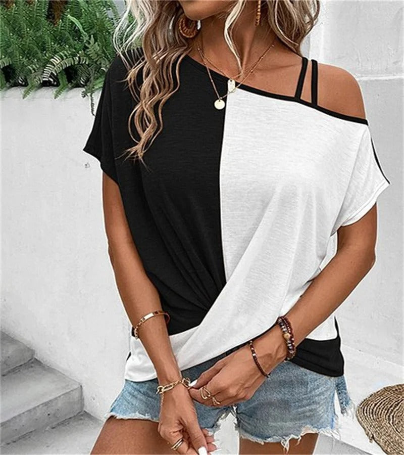 Asymmetrisk Colorblock-Top med Kolde Skuldre | Løs Pasform til Hverdagsbrug & Fritid | Vanero