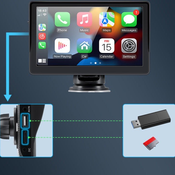 Bærbar Bilskærm Med CarPlay & Android Auto | 7 Tommer HD Displaysystem | Navigation Medier & Håndfri Opkald | Vanero