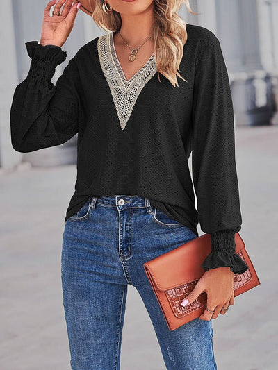 Kvindernes Bluser Med Løst Snit, Udskæring Og Blonde Panel V-Hals | Stilfuld Blonde Bluse | Vanero