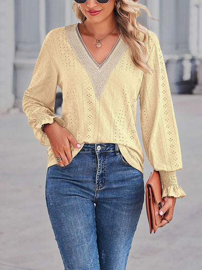 Kvindernes Bluser Med Løst Snit, Udskæring Og Blonde Panel V-Hals | Stilfuld Blonde Bluse | Vanero